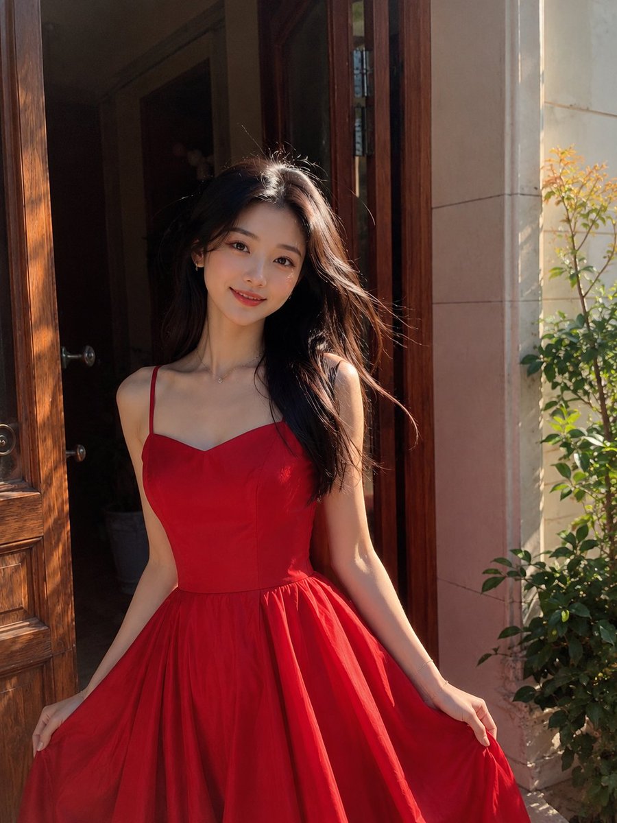 A stunning photorealistic portrait of a beautiful young East Asian woman standing gracefully by a {argument n… - AI提示词参考图，来自西西提示词