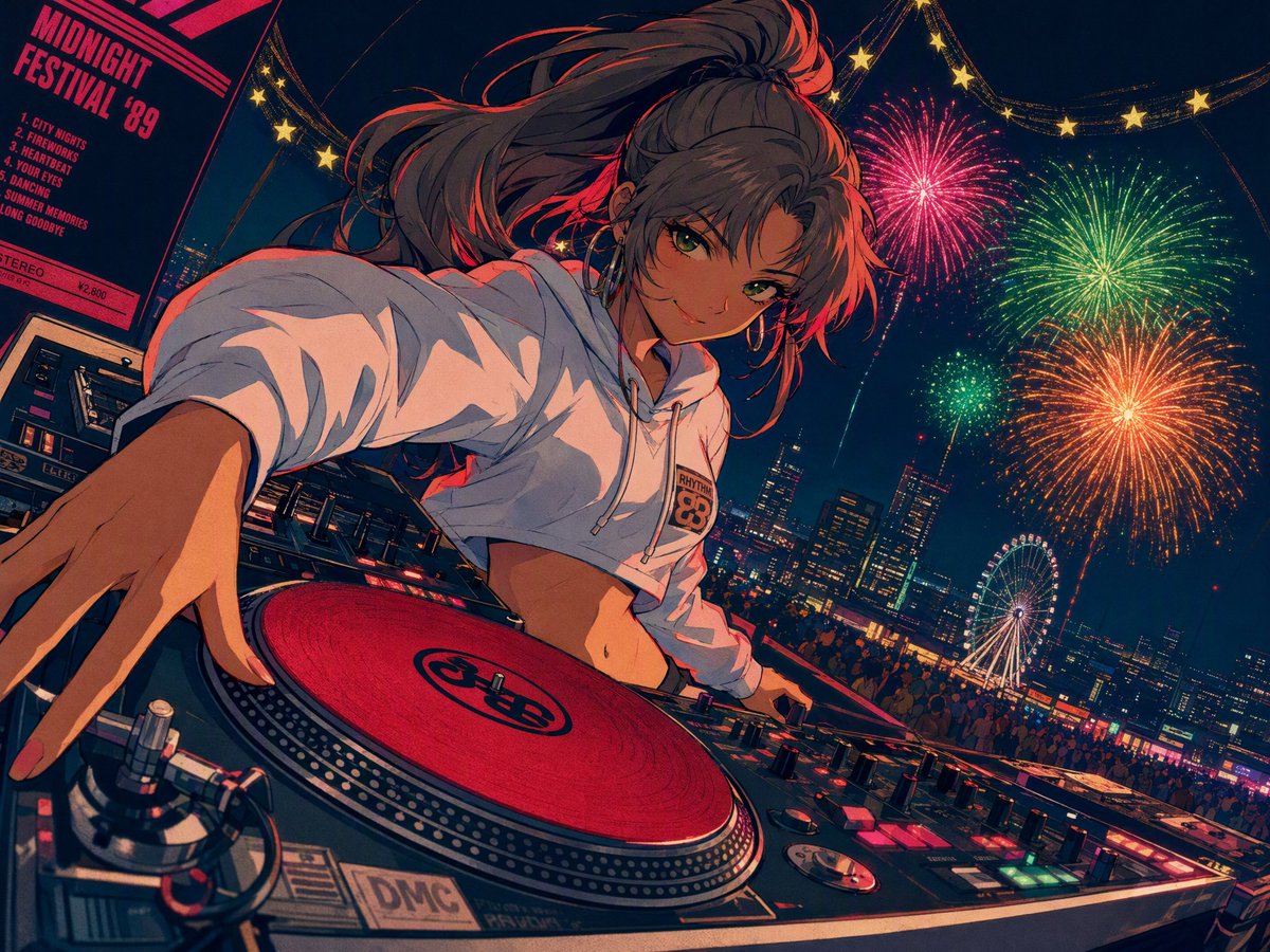 Retro 90s anime-style illustration; a low-angle fisheye shot looking up from the DJ deck; a playful girl with… - AI提示词参考图，来自西西提示词