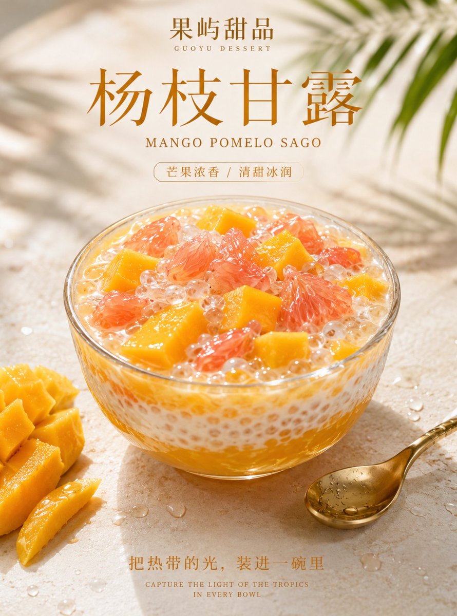 High-end realistic dessert/beverage poster, themed on Mango Pomelo Sago. A transparent glass bowl is placed i… - AI提示词参考图，来自西西提示词