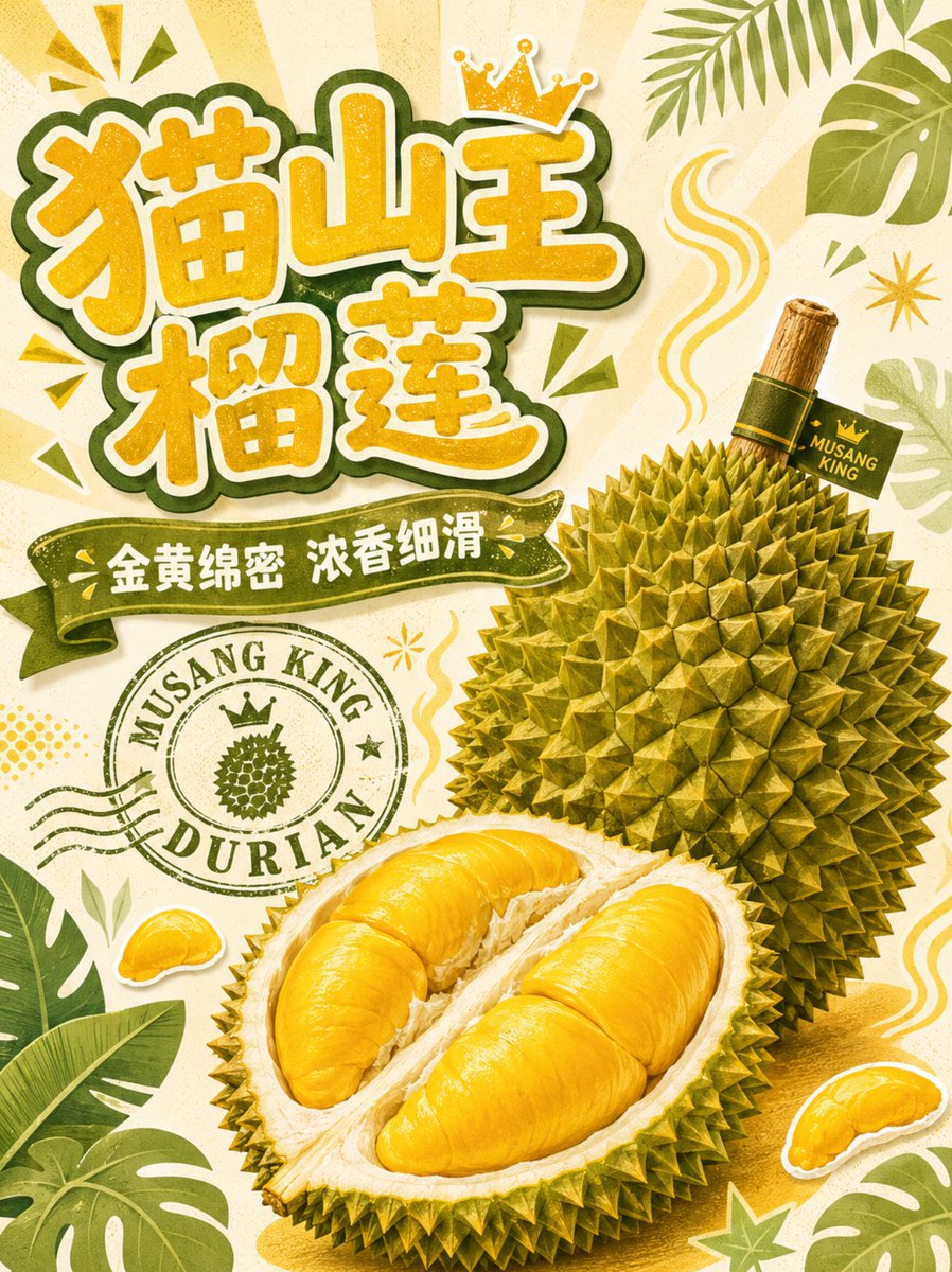 Vertical 3:4 {argument name="subject" default="Musang King Durian"} themed commercial poster, with a {argumen… - AI提示词参考图，来自西西提示词
