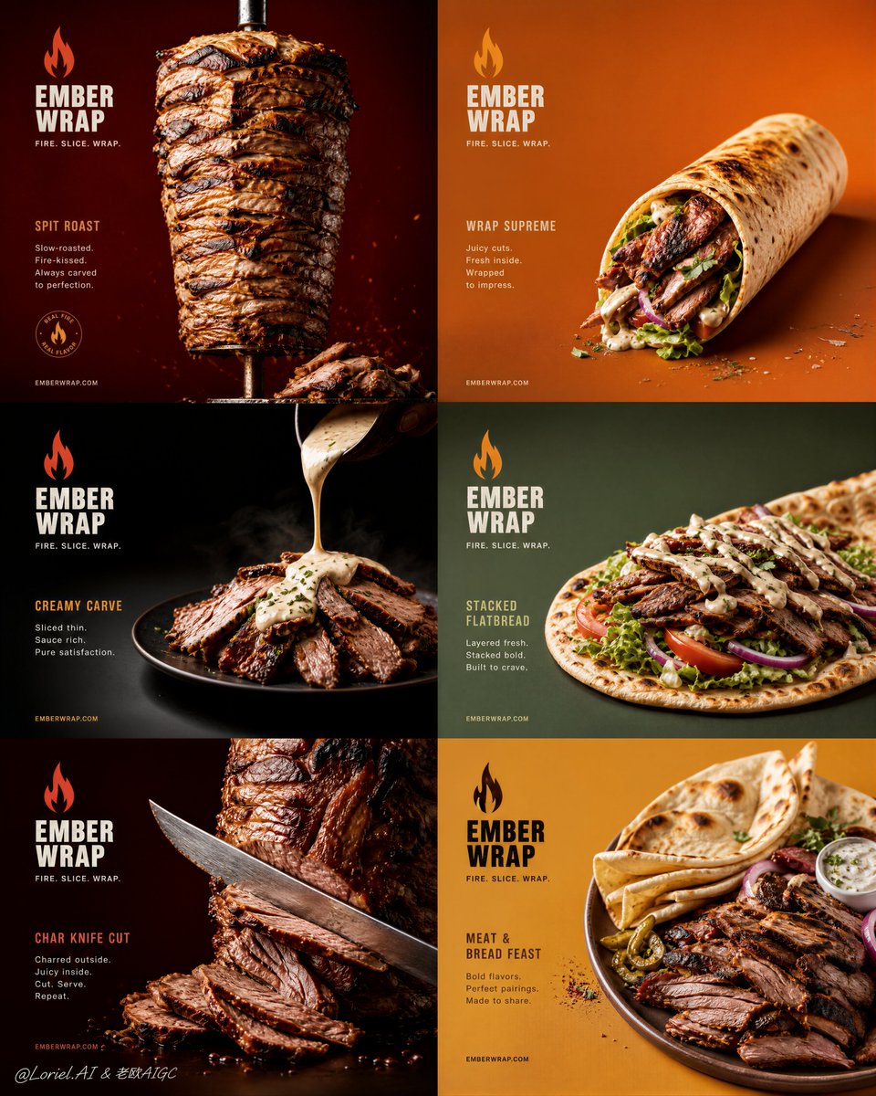 Create an ultra-premium 2x3 six-panel commercial poster for a fictional grilled-meat brand called EMBER WRAP,… - AI提示词参考图，来自西西提示词