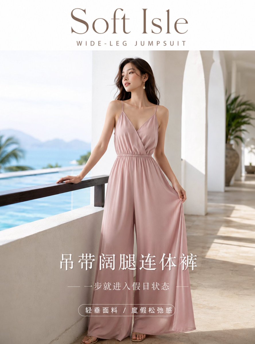 High-end realistic summer fashion poster, featuring a camisole wide-leg jumpsuit. A young adult female model … - AI提示词参考图，来自西西提示词