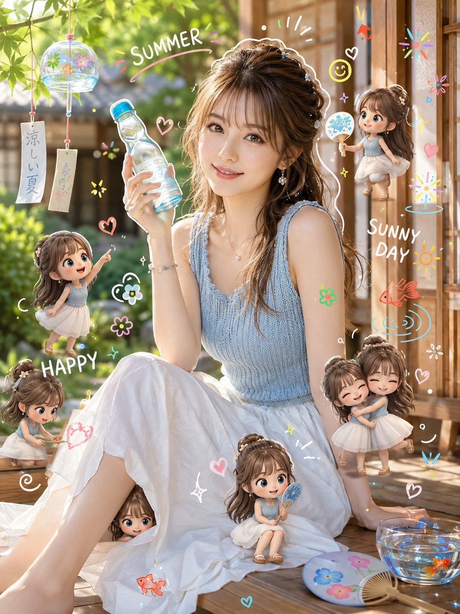Subject: Cool Summer Time on the Porch Main Subject: A woman in her 20s sitting on a bright summer engawa por… - AI提示词参考图，来自西西提示词