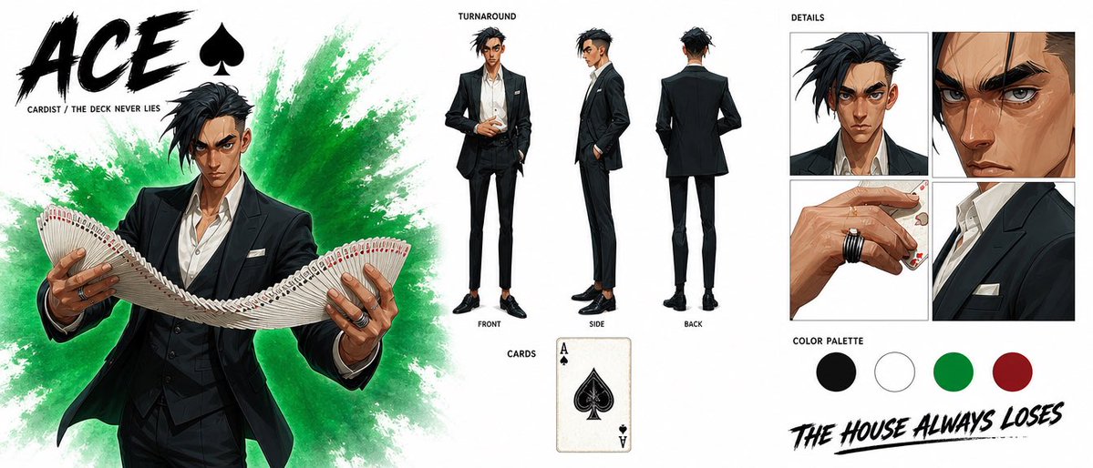 “Create a premium cinematic character bible sheet for a casino gambler named ACE. Use the uploaded character … - AI提示词参考图，来自西西提示词