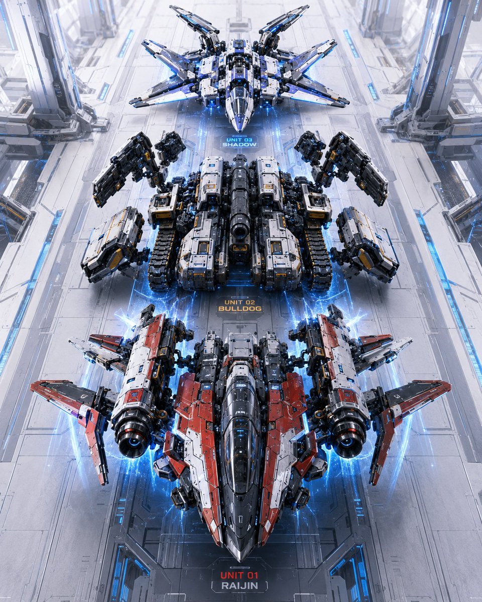 Create a high-detail vertical sci-fi concept art scene showing a “combination sequence” lineup of three futur… - AI prompt reference from CC Prompt Galaxy