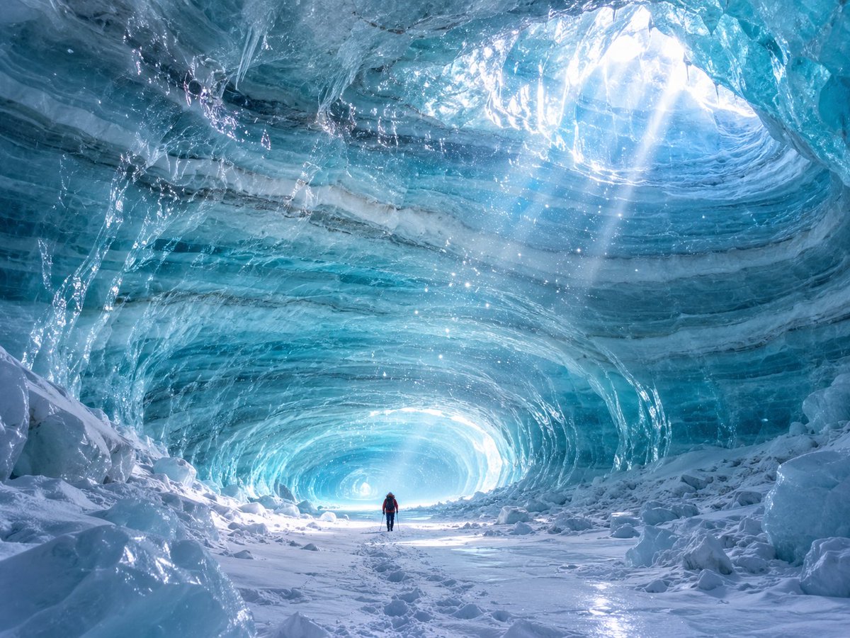 Create a breathtaking photorealistic wide-angle scene inside a colossal natural ice cave, viewed from ground … - AI提示词参考图，来自西西提示词