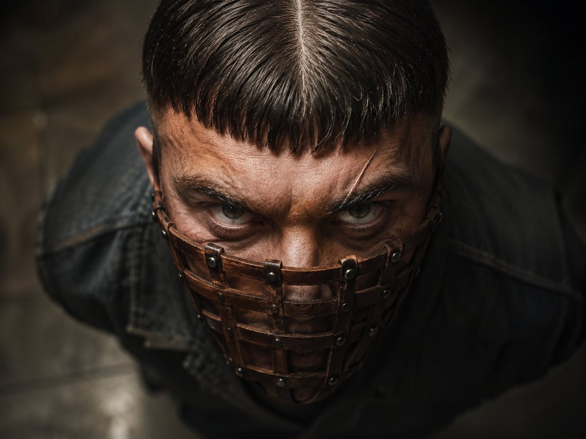 Create a photorealistic cinematic close-up portrait of a menacing adult man, shot from a high overhead angle … - AI提示词参考图，来自西西提示词