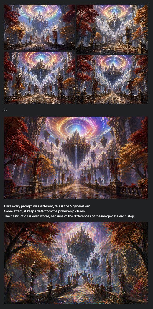 Goal: Create a dark social-media style evidence collage illustrating iterative AI image degradation and repea… - AI提示词参考图，来自西西提示词