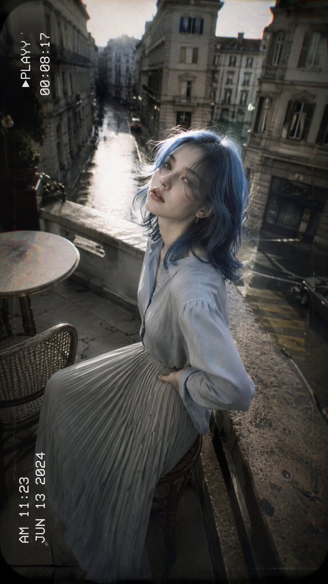 Create a vertical 9:16 cinematic VHS-style fashion photograph of a young woman seated on a small Parisian bal… - AI提示词参考图，来自西西提示词