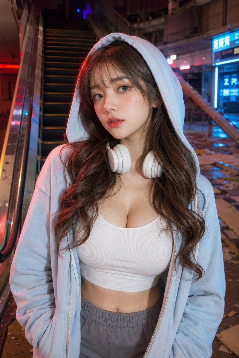 Create a photorealistic vertical street-fashion portrait of a young East Asian woman standing at the base of … - AI prompt reference from CC Prompt Galaxy