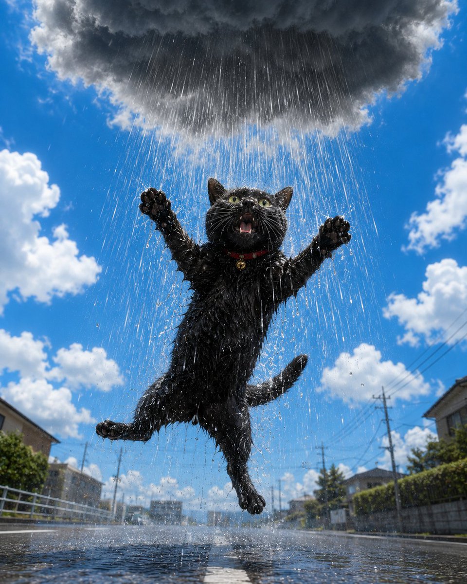 Create a photorealistic, whimsical action shot of a {argument name="cat color" default="black"} domestic cat … - AI提示词参考图，来自西西提示词