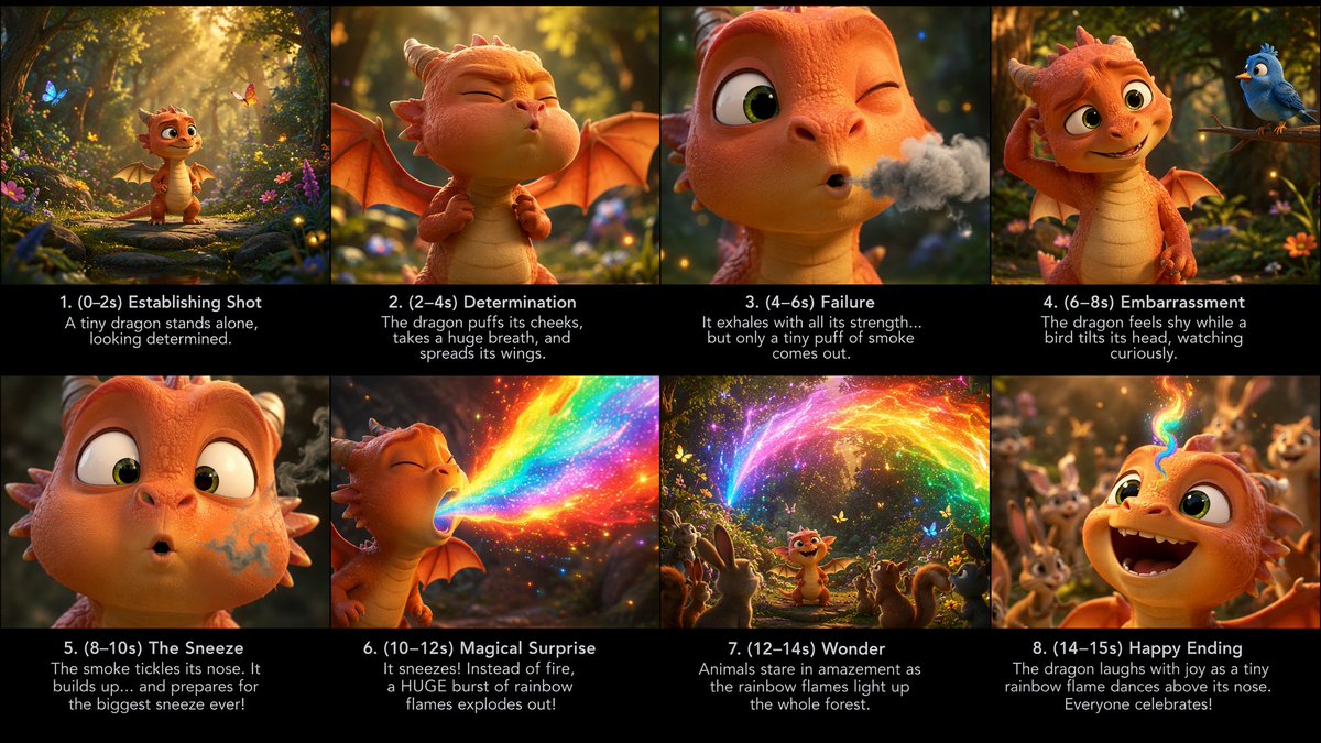 Goal: Create a polished cinematic storyboard sheet for a short animated fantasy scene about {argument name="c… - AI提示词参考图，来自西西提示词