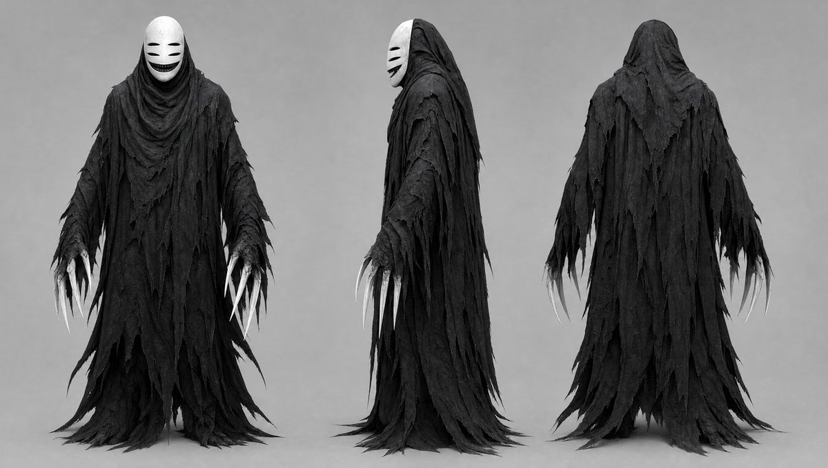 Goal: Create a dark fantasy character concept sheet for a ghostly faceless spirit, shown as a full-body costu… - AI提示词参考图，来自西西提示词