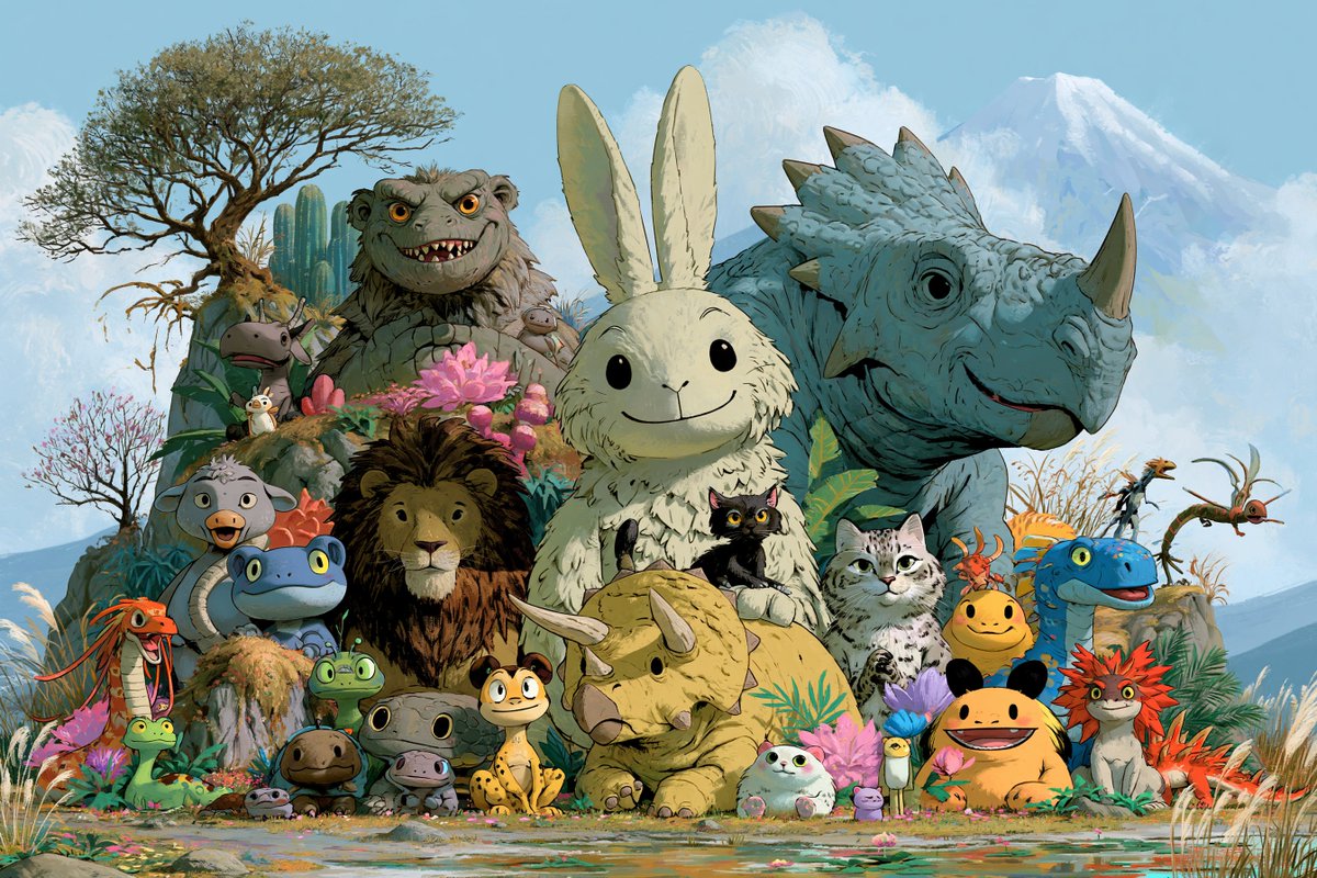 Goal: Create a richly detailed hand-painted fantasy creature group portrait in a whimsical storybook animatio… - AI提示词参考图，来自西西提示词