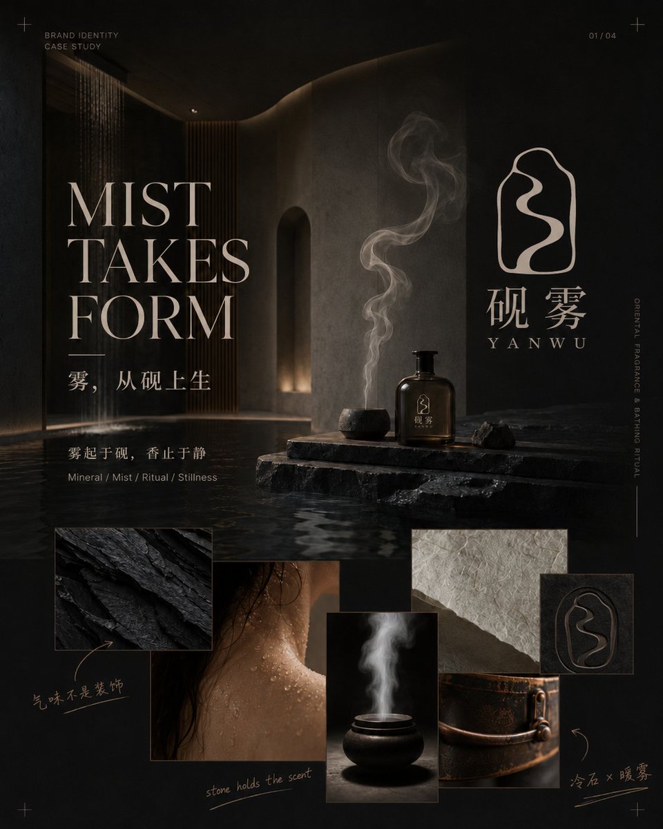 Goal: Create a premium brand identity case-study cover for an Eastern mineral incense/fragrance brand named {… - AI提示词参考图，来自西西提示词