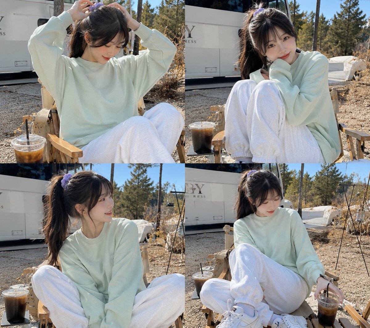 A cozy outdoor lifestyle portrait of a cute young woman sitting on a wooden camping chair during a sunny afte… - AI提示词参考图,来自西西提示词