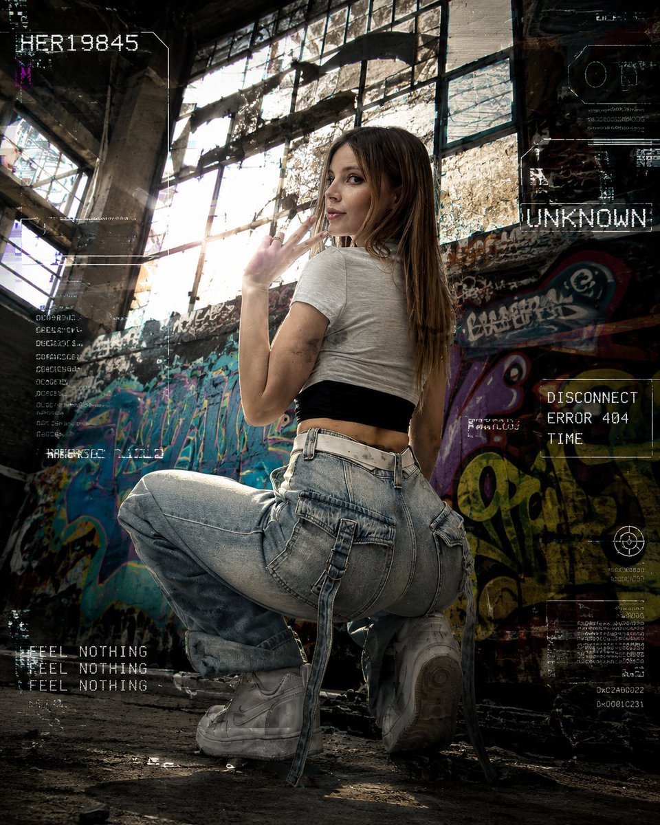 Create an image. Urban grunge fashion photograph of the attached model posing in an {argument name="setting" … - AI提示词参考图,来自西西提示词