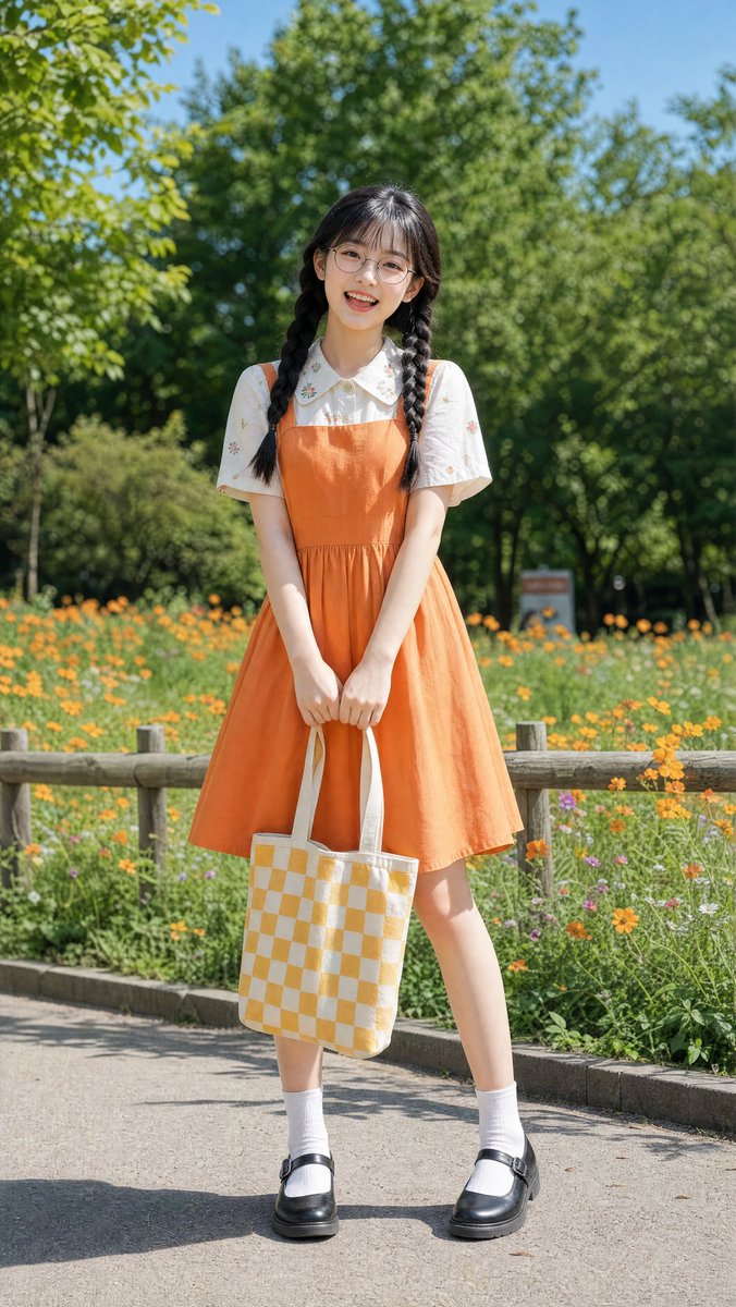 Funny Woman A cheerful young East Asian girl in her mid-teens standing outdoors on a sunny spring day, full-b… - AI提示词参考图,来自西西提示词