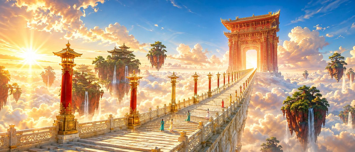 A bright and gorgeous {argument name="theme" default="oriental fantasy"} movie scene, cinematic ultra-wide sh… - AI提示词参考图,来自西西提示词