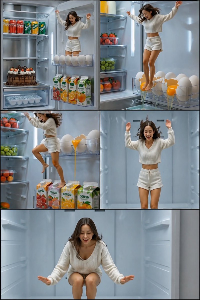 Create a cinematic 5-panel storyboard featuring a tiny young woman inside a modern refrigerator. She has {arg… - AI提示词参考图，来自西西提示词