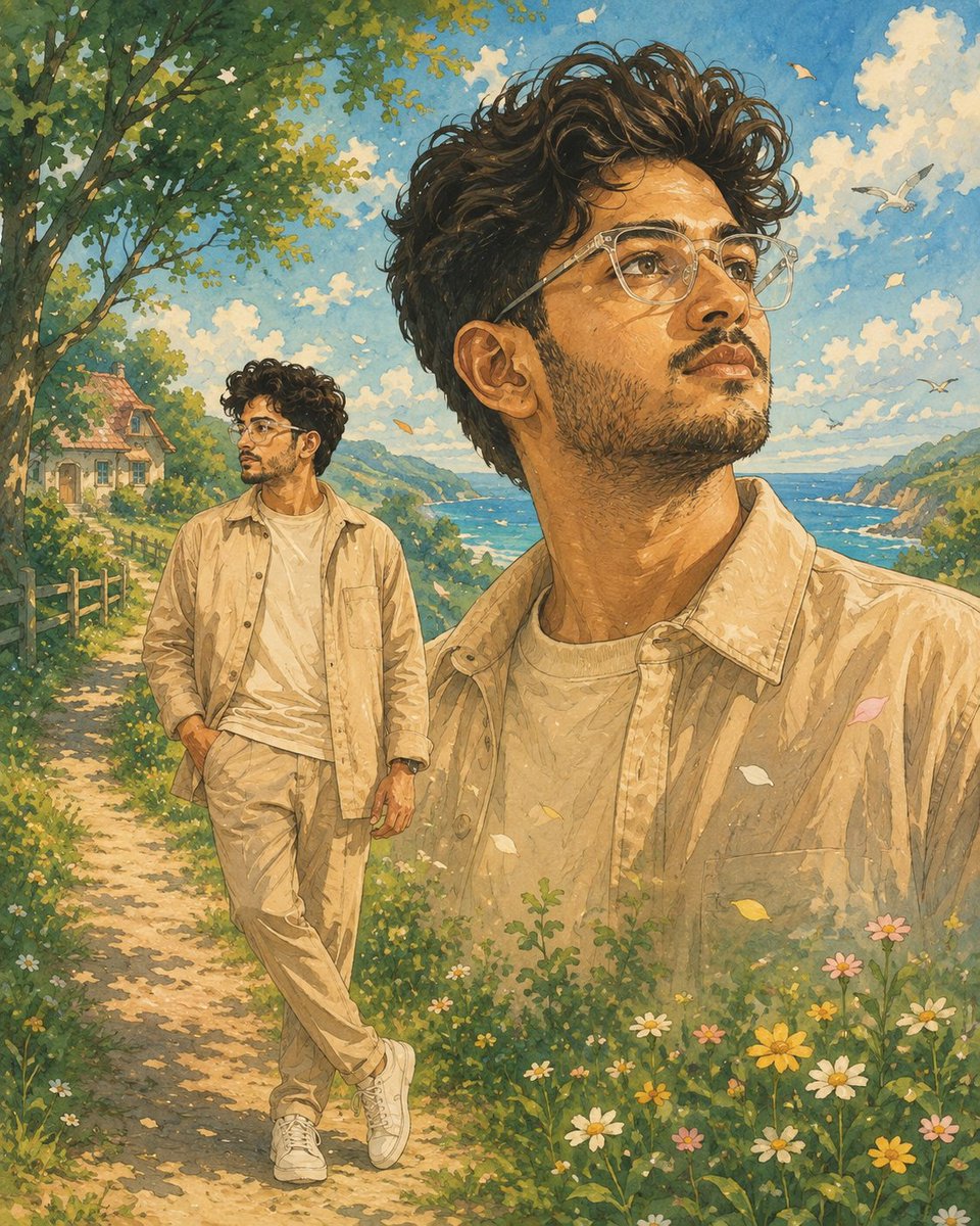 Transform the uploaded selfie into an original dreamy hand-painted countryside storybook illustration while p… - AI提示词参考图，来自西西提示词