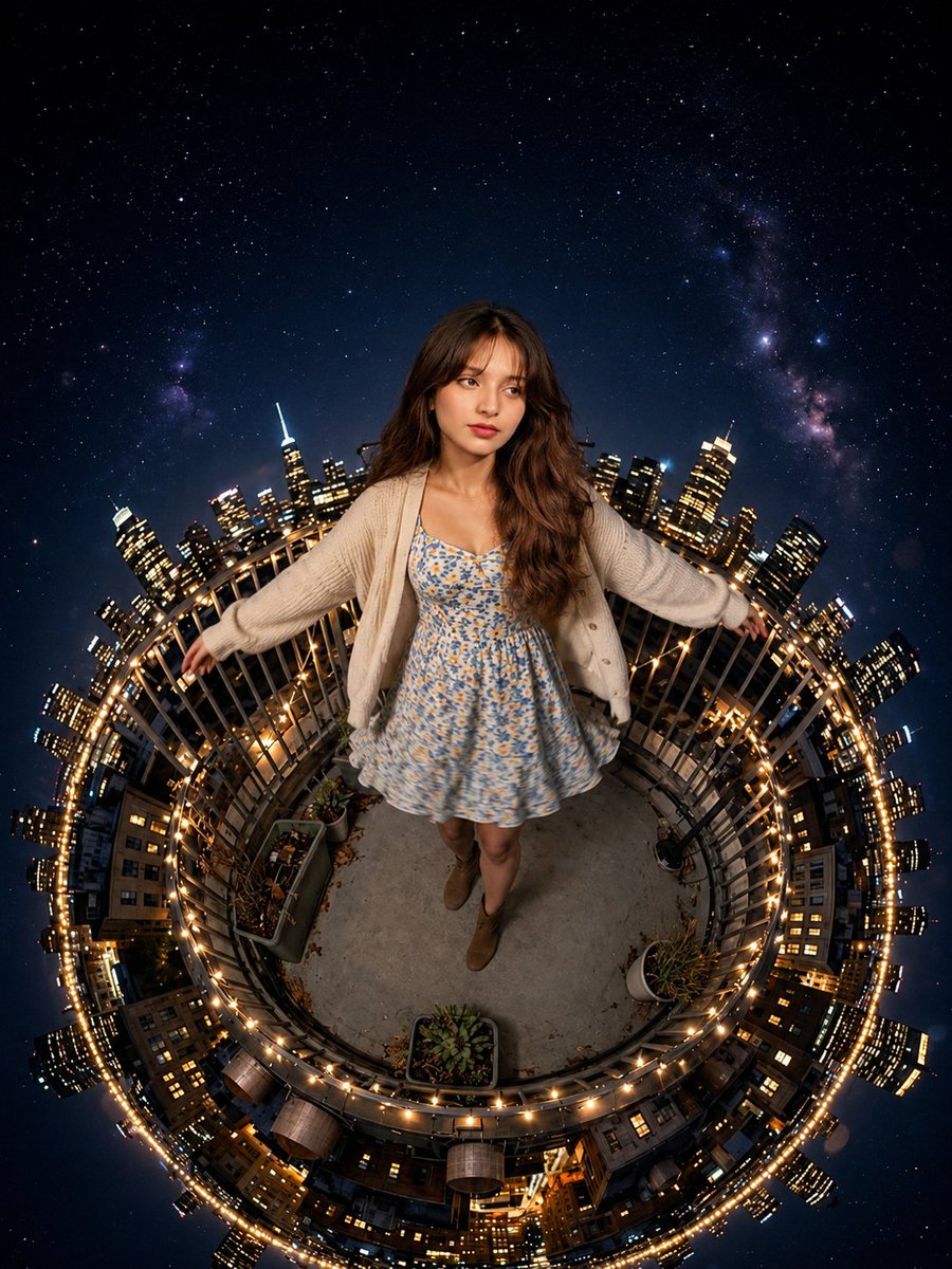 Ultra-realistic tiny planet (360°) portrait of a {argument name="subject" default="beautiful young woman"} st… - AI提示词参考图，来自西西提示词