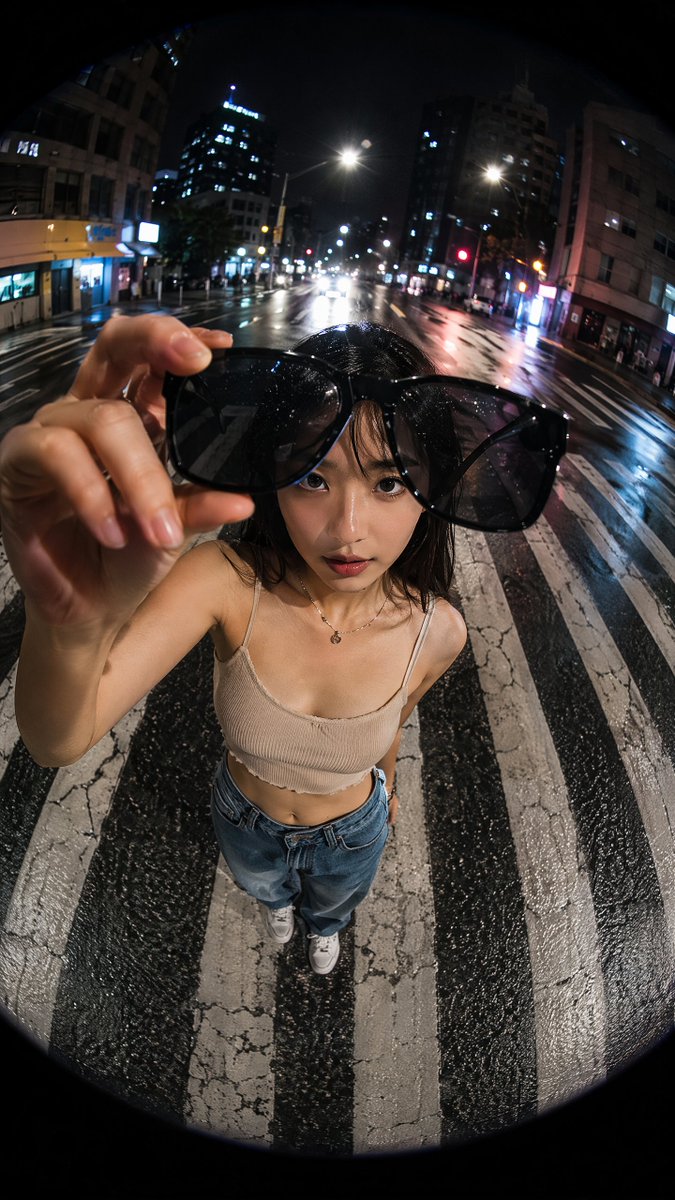 Create a photorealistic high-angle fisheye lens night street photograph of a {argument name="subject" default… - AI提示词参考图,来自西西提示词