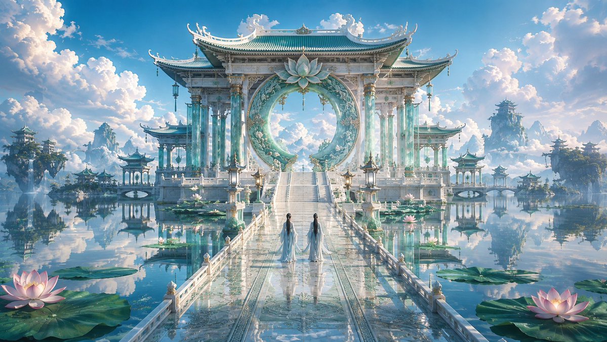 Create a wide cinematic fantasy landscape of an ethereal Chinese celestial palace floating over a perfectly s… - AI提示词参考图，来自西西提示词