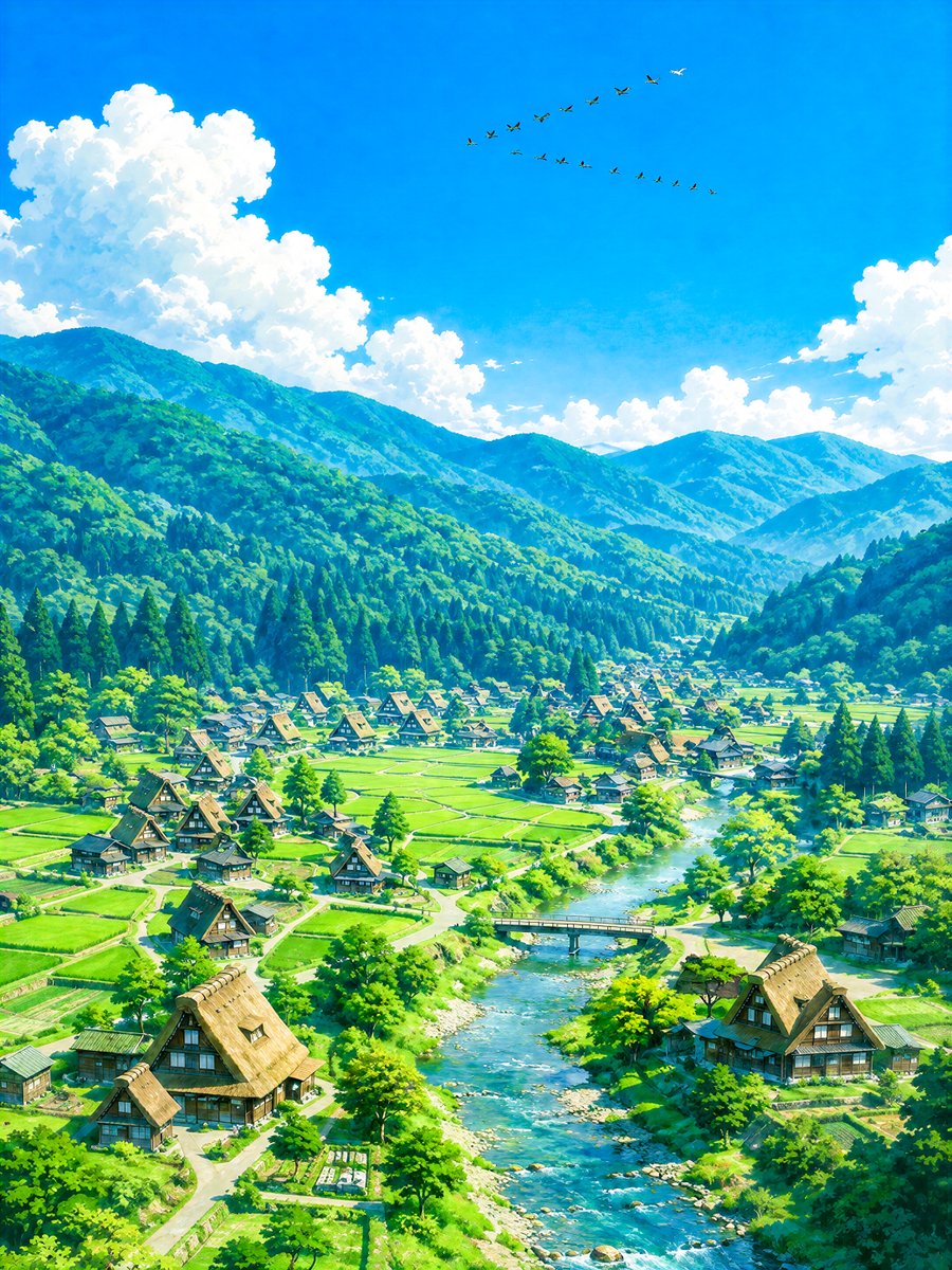Create a vibrant aerial summer landscape illustration of {argument name="village location" default="Shirakawa… - AI提示词参考图，来自西西提示词
