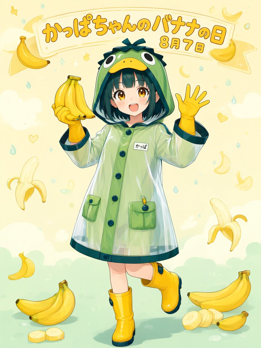 Create a cheerful vertical anime poster for {argument name="holiday headline" default="かっぱちゃんのバナナの日"} with th… - AI提示词参考图，来自西西提示词