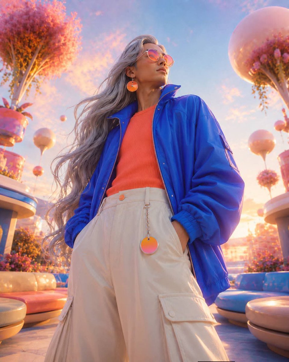 Low-angle surreal fashion portrait of {argument name="character" default="[CHARACTER]"} with {argument name="… - AI提示词参考图，来自西西提示词