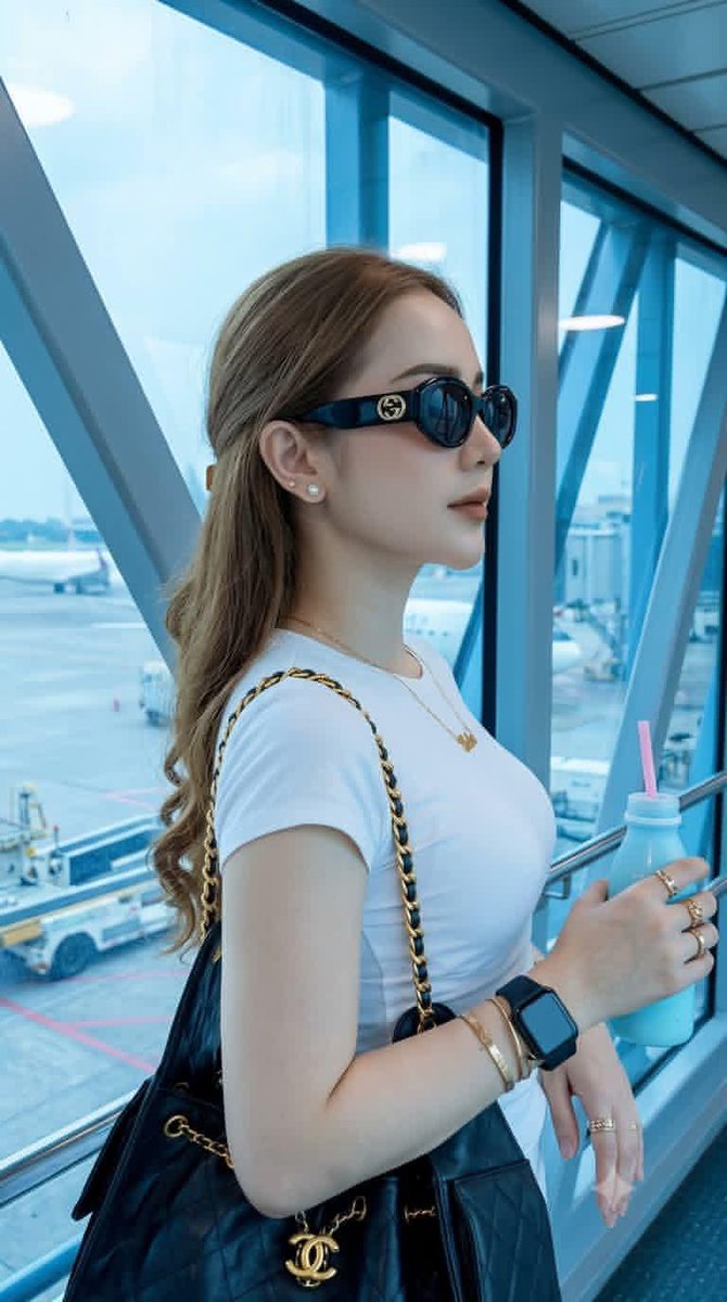 A realistic, high-resolution portrait of a young woman standing inside a modern airport terminal next to a la… - AI提示词参考图,来自西西提示词