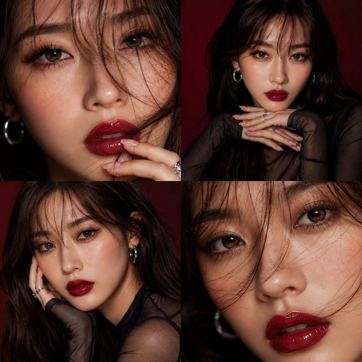 Create a high-end beauty editorial 2x2 collage featuring the same young woman in all four frames, {argument n… - AI提示词参考图，来自西西提示词