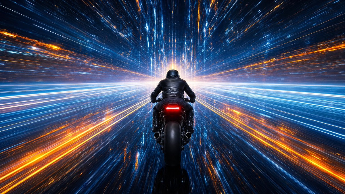 A {argument name="subject" default="lone motorcyclist wearing a sleek black leather jacket and helmet"}, view… - AI提示词参考图,来自西西提示词