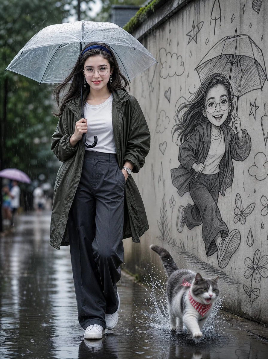 Create a cinematic ultra-realistic rainy street portrait of a beautiful young woman walking confidently under… - AI提示词参考图，来自西西提示词