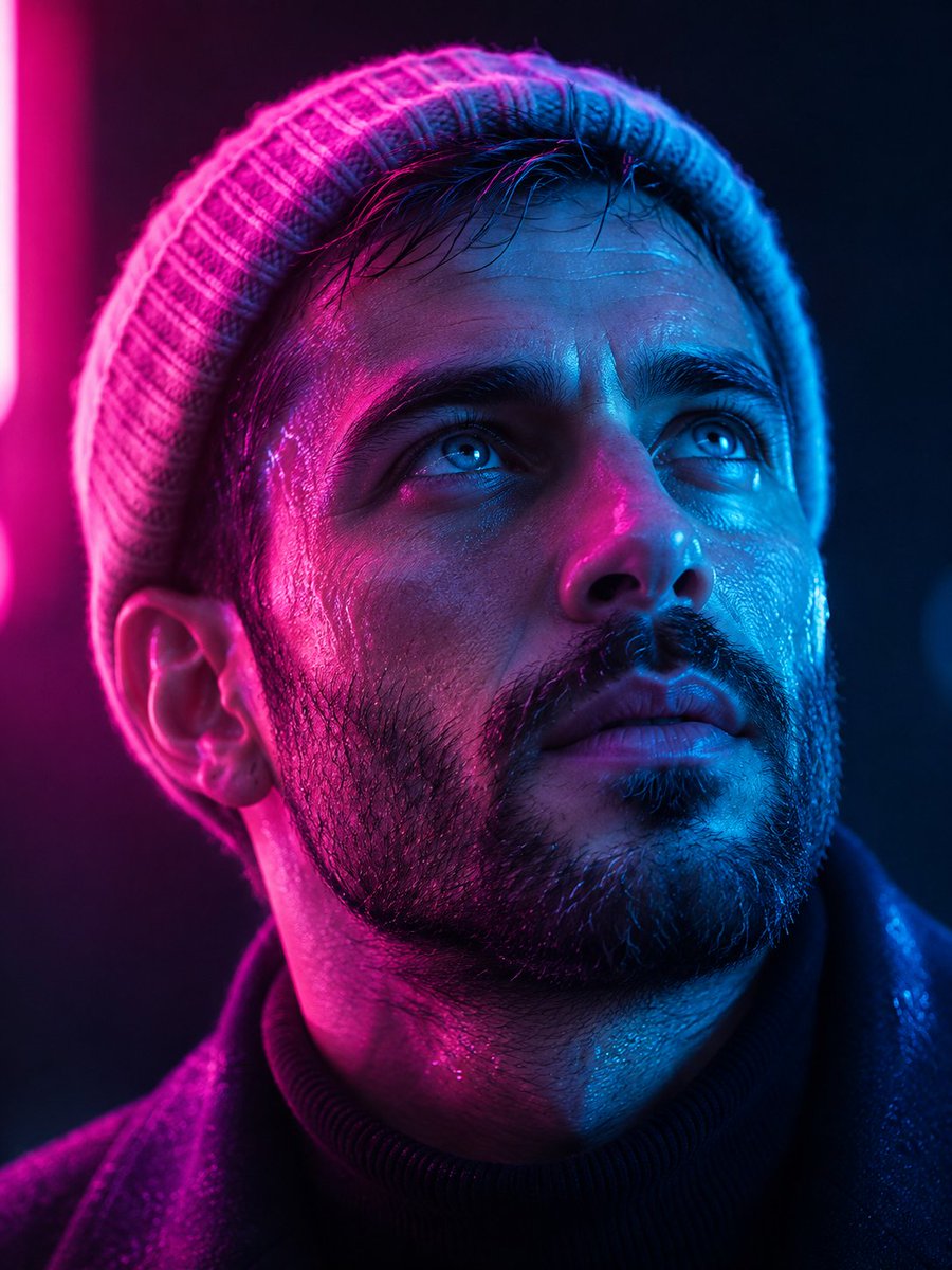 Ultra-realistic cinematic close-up portrait of a rugged adult man wearing a dark knitted beanie and black hig… - AI提示词参考图，来自西西提示词