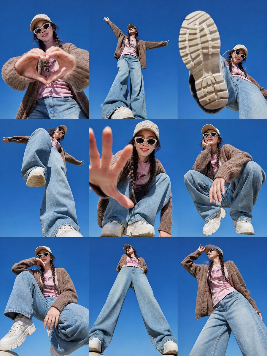 Aspect Ratio: 4:5 Create a single seamless borderless 3×3 editorial contact sheet featuring the SAME breathta… - AI提示词参考图,来自西西提示词