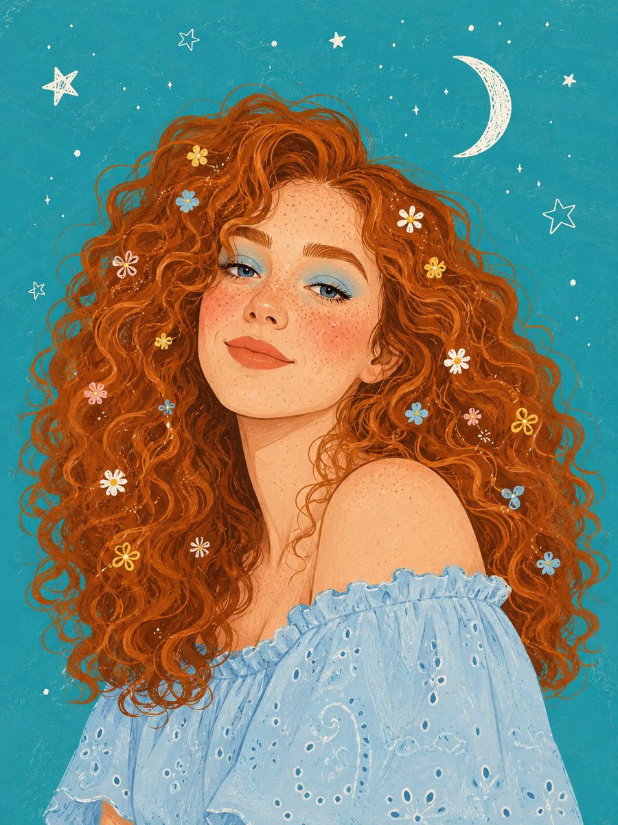 Create a charming illustrated portrait inspired by a real photo of a young woman with {argument name="hair ty… - AI提示词参考图，来自西西提示词