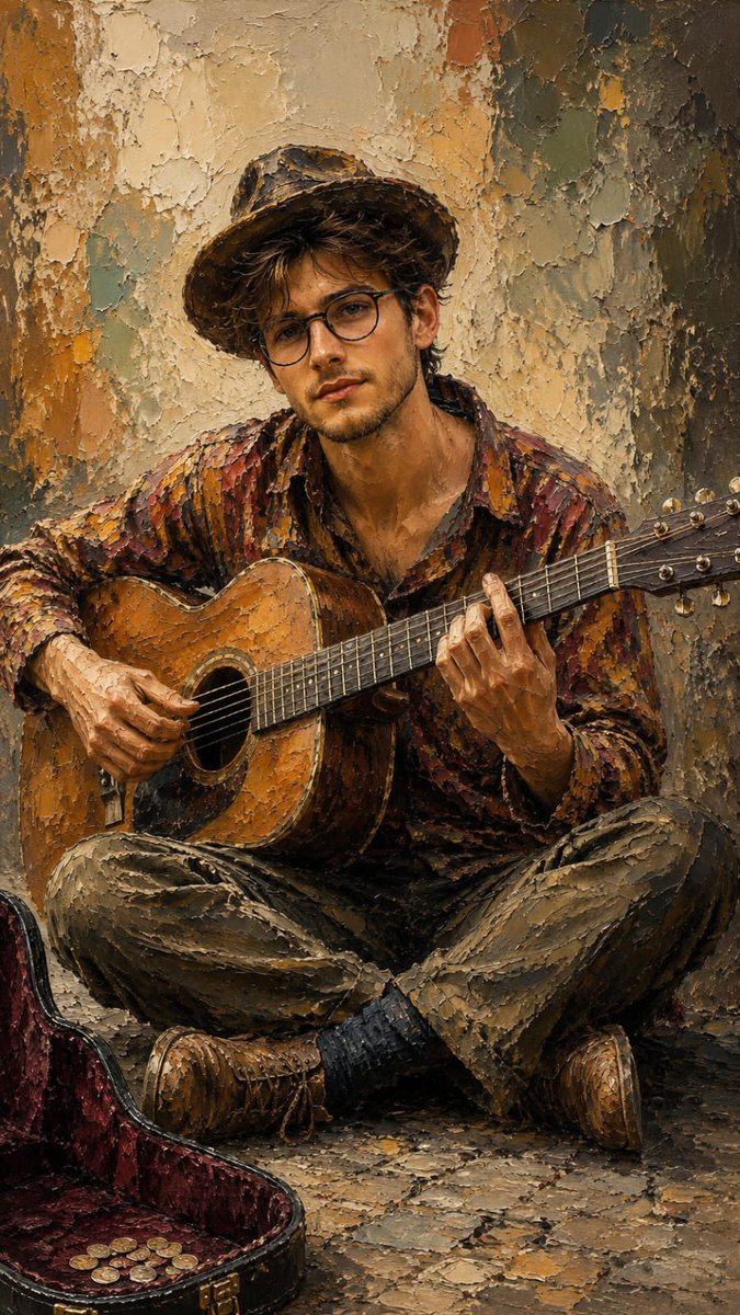 Ultra-realistic impasto oil painting of a cheerful {argument name="subject" default="middle-aged street music… - AI提示词参考图，来自西西提示词