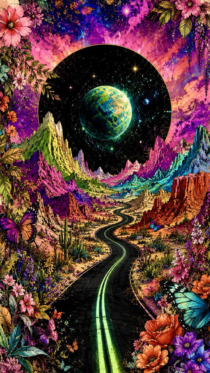 Romantic {argument name="theme" default="botanical cosmic fantasy"} illustration: a lonely black highway wind… - AI提示词参考图,来自西西提示词