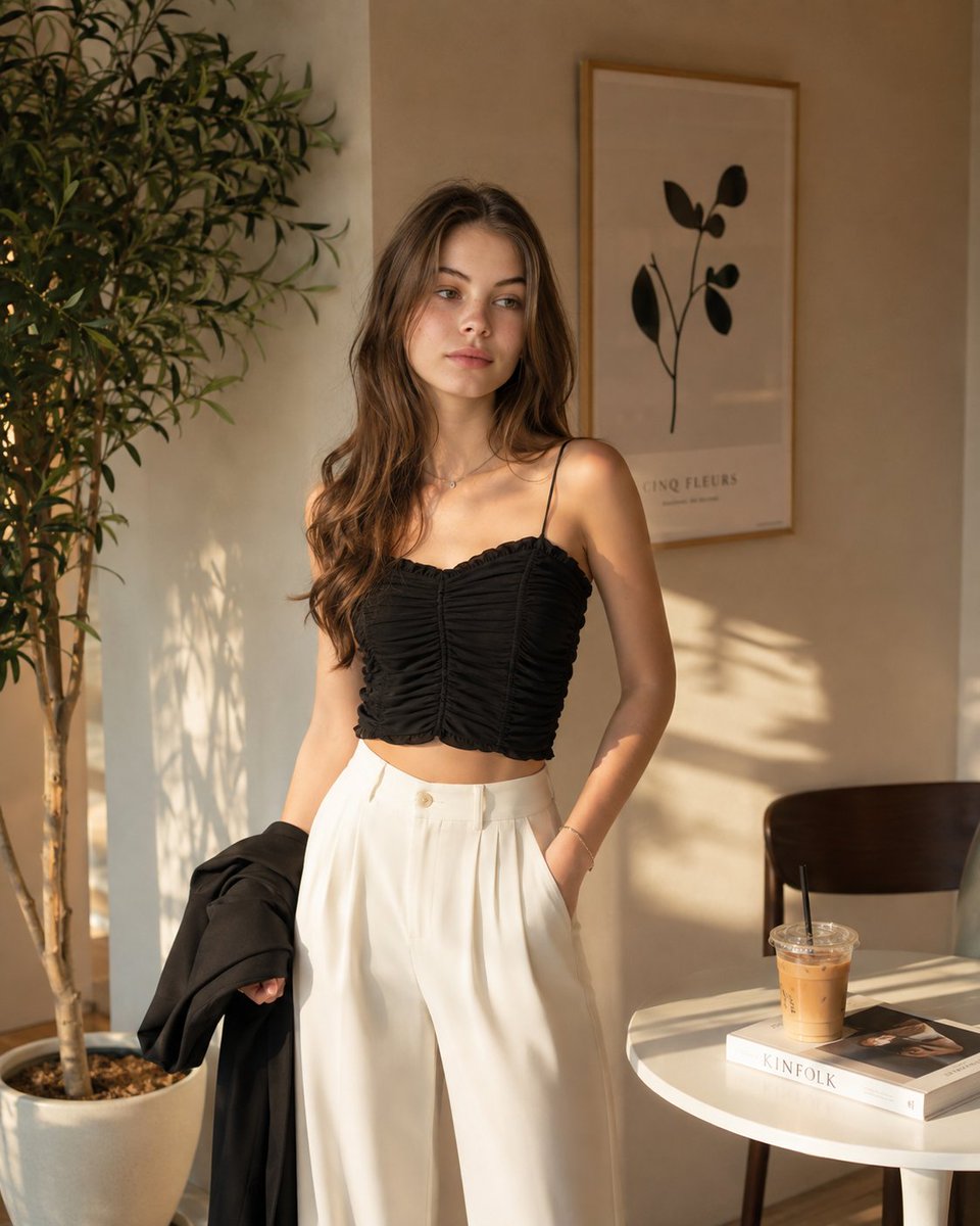 Photorealistic fashion portrait of a {argument name="subject" default="young woman"} standing indoors in a {a… - AI提示词参考图,来自西西提示词