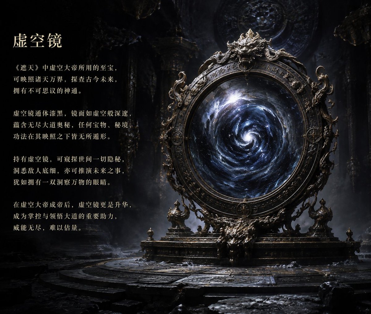 Goal: Create a dark fantasy Chinese xianxia artifact poster featuring an ancient imperial treasure mirror cal… - AI提示词参考图,来自西西提示词
