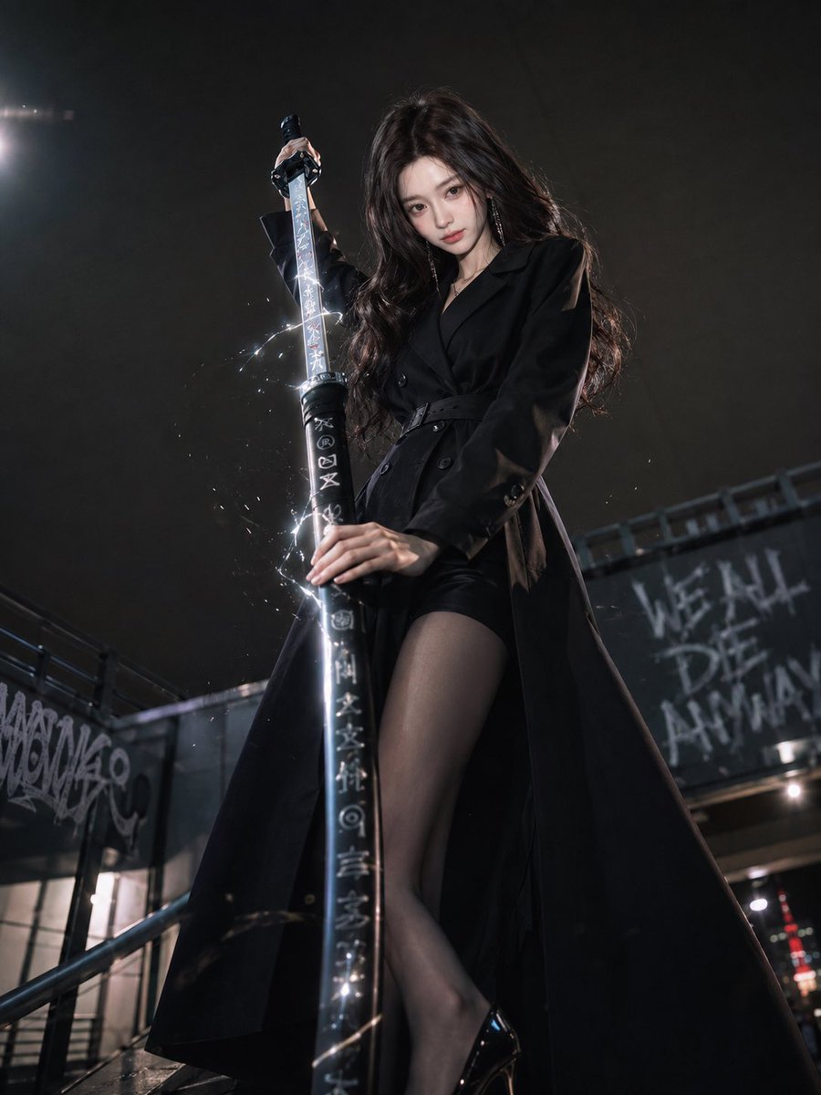 Create a cinematic vertical fashion portrait of a single young woman at night on an urban overpass staircase.… - AI提示词参考图，来自西西提示词