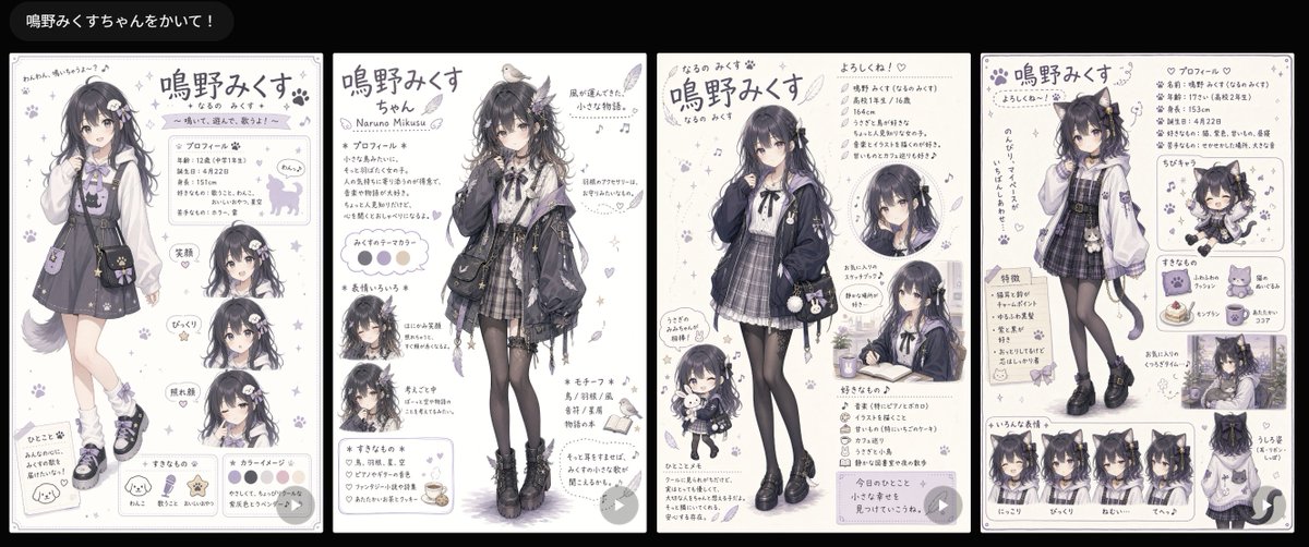 Goal: Create a wide social-media preview image showing four separate anime character reference sheets lined u… - AI提示词参考图，来自西西提示词