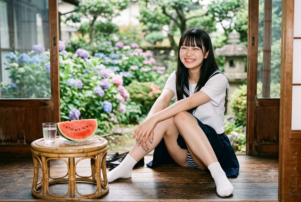 Create a realistic, cinematic summer photo of a cheerful Japanese high school girl sitting casually on the po… - AI提示词参考图，来自西西提示词