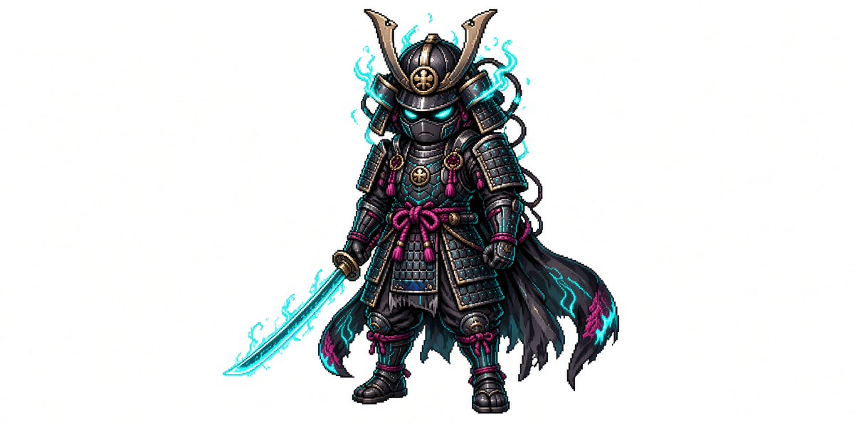 Create a full-body chibi pixel art character on a plain white background: a tiny cyber-samurai warrior named … - AI提示词参考图,来自西西提示词