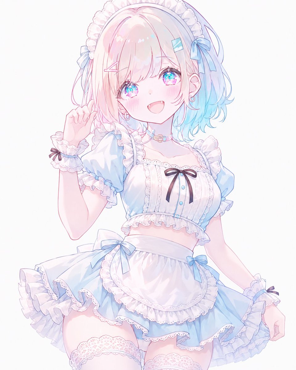 Create a clean, high-key anime illustration of one cheerful young female character wearing a frilly pastel ma… - AI提示词参考图，来自西西提示词