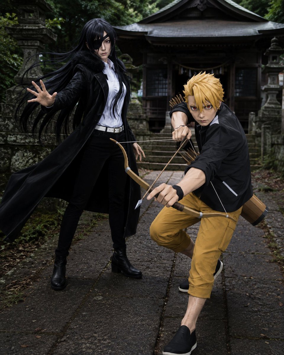 Create a realistic full-body cosplay photo of two anime-inspired characters posing dramatically on a mossy st… - AI提示词参考图,来自西西提示词