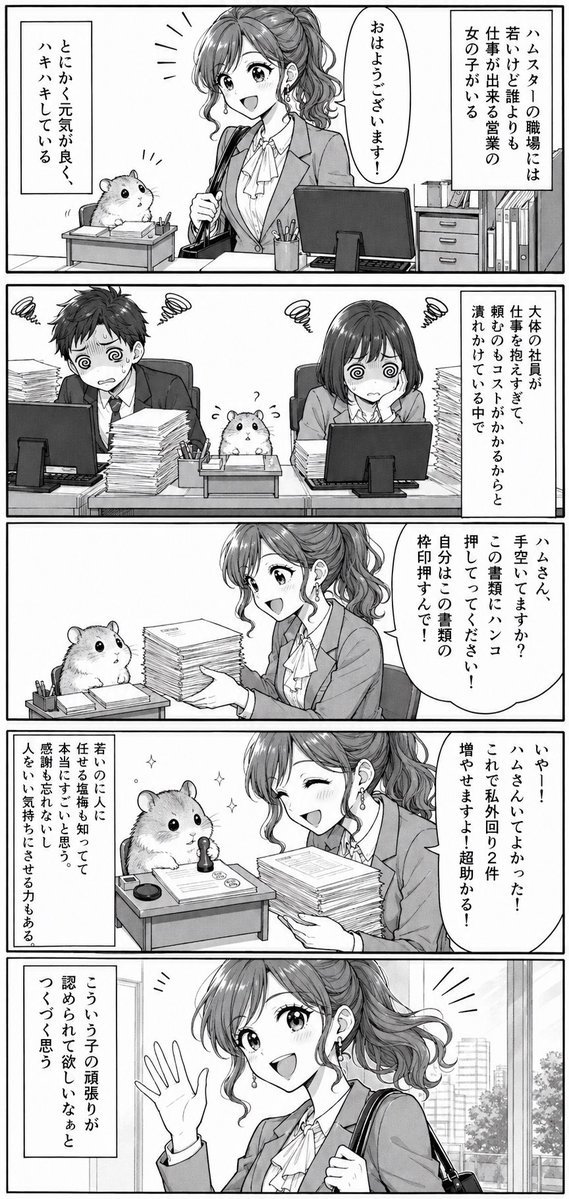 Goal: Create a black-and-white vertical Japanese manga diary page about a difficult office where a cheerful y… - AI提示词参考图，来自西西提示词