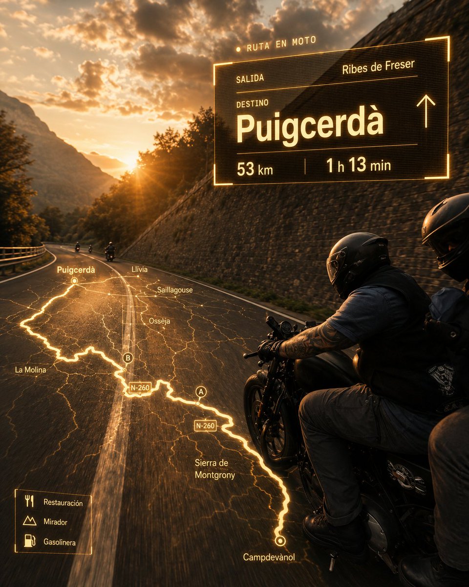 Create an ultrarealistic cinematic motorcycle travel poster at golden hour. A black touring/cruiser motorcycl… - AI提示词参考图,来自西西提示词